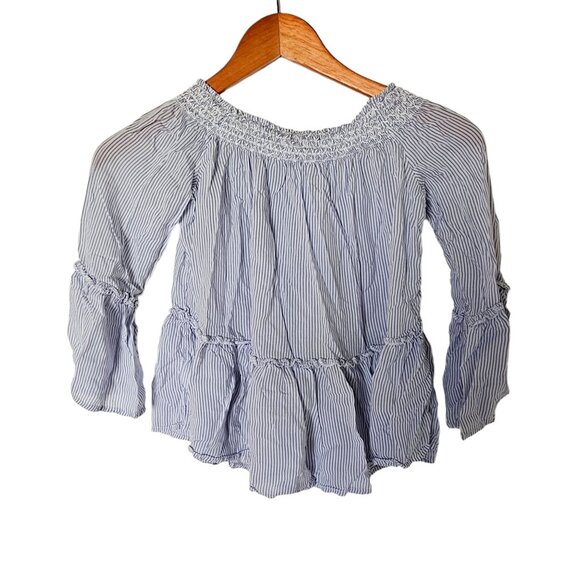 American Eagle Blue White Striped Off Shoulder Bell Sleeve Top Blouse S Small‎ - Picture 7 of 7